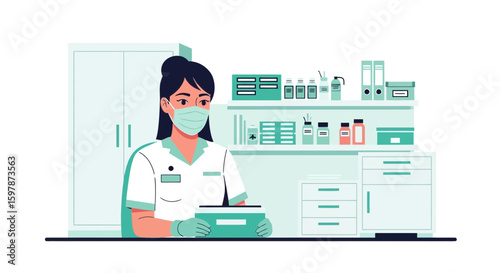 Female Medical Staff In Face Mask Handling Records And Maintaining Medical Supplies