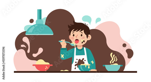 Mischievous Mess: Child's Culinary Chaos and Delightful Dish Disaster in the Kitchen