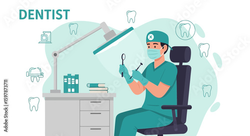 Dentist Preparing For Dental Exam In Clinic Illustration