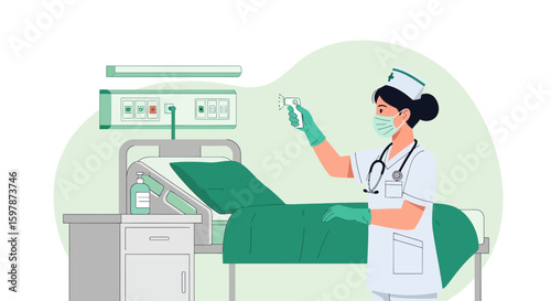 Female Nurse Checking Temperature In Hospital Room For Patient Safety