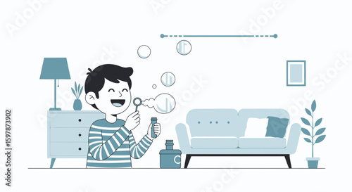 Joyful Boy Blowing Bubbles Creates a Playful Atmosphere in Comfortable Home
