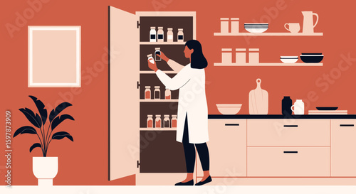 Female Pharmacist Arranging Medicine In Pharmacy Storage Minimalist Illustration