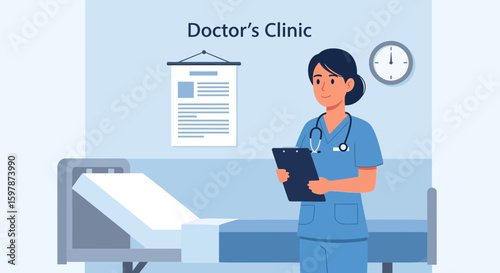 Female Physician Holding Clipboard In Doctor's Clinic Examination Room