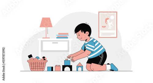 Joyful Boy Building Towers With Toy Blocks Indoors At Home In Playroom