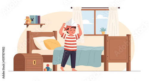 Joyful Boy Plays In Bedroom With Paper Hat Ready For Dreamland Adventure