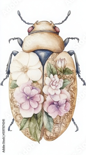golden floral beetle illustration with luxury ornament details, golden floral beetle design, golden floral beetle art