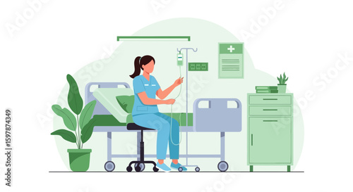 Modern Hospital Room With Nurse Preparing Intravenous Infusion Drip