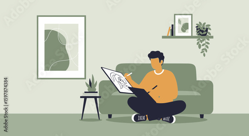 Digital Drawing Session Man Creating Art on Tablet in Serene Interior