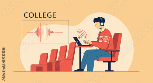 College Student Attending an Online Lecture with Headphones And Using a Laptop