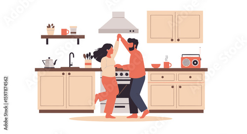 Joyful Couple Dancing In Kitchen Enjoying Fun Romantic Moment At Home