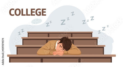 College Student Sleeping In Auditorium Lecture Hall Due To Exhaustion
