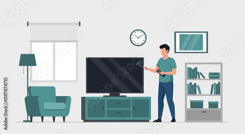Modern Living Room With Smart Tv And Man Using Remote Control Illustration