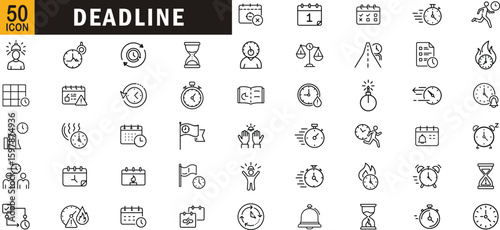 Deadline editable outline icon set. Time, urgency, alarm, countdown, stopwatch, schedule, pressure, and more.
