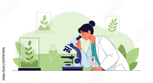 Female Scientist Examining Plant Specimen Under Microscope In Laboratory Setting