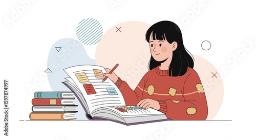 Diligent Student Revising Notes And Reviewing Textbook With Joyful Focus