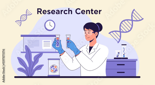 Female Scientist In Laboratory Holding Test Tubes At Research Center