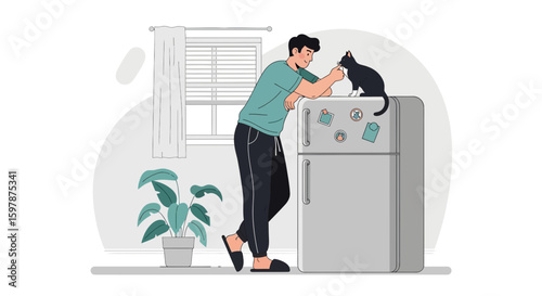 Morning Connection A Man Sharing Affection With His Cat By The Refrigerator