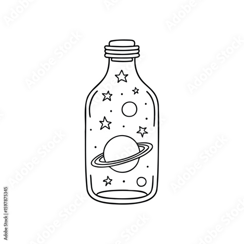 Illustration of a miniature cosmos sealed in a bottle