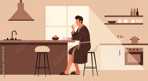 Morning Relaxation Man In Robe Enjoys Coffee In Modern Kitchen Interior