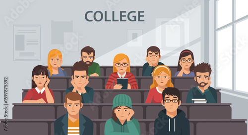Diverse College Students Bored or Uninterested in a Lecture Hall Scene Illustration
