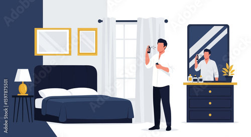 Morning Ritual Man Applying Fragrance In Bedroom Interior Vector Illustration