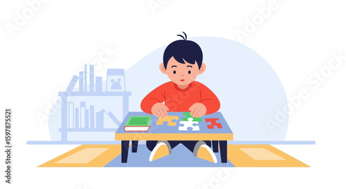 Concentrated Youngster Engaged In Educational Puzzle At Table At His Playroom
