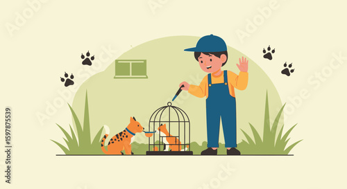 Kindness And Care Little Boy Feeds Animals In Home Environment Vector Illustration