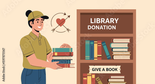Kind Young Volunteer Donating Books To The Library Shelves For Community Enrichment