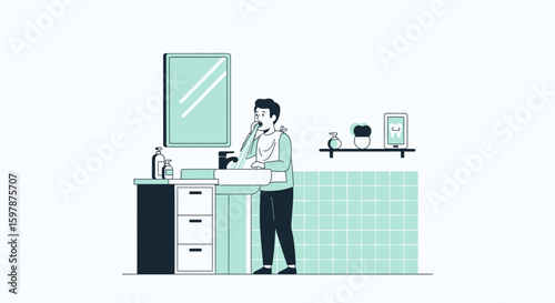 Morning Routine Man Brushing His Teeth In Bathroom Illustration Flat Design