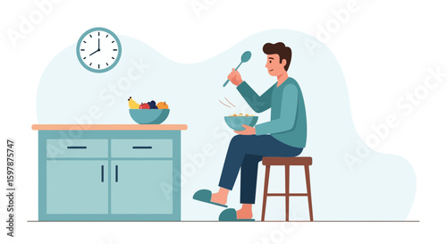 Morning Routine Man Enjoying Cereal In Cozy Kitchen Environment