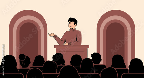 Confident Speaker Giving Presentation to Audience in Auditorium with Arched Background