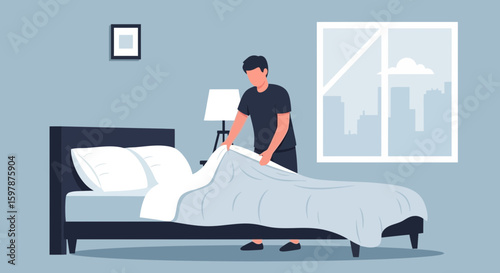 Morning Routine Man Making Bed In Bedroom With Window Cityscape View