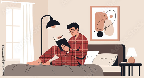 Morning Routine Man Enjoying Writing Journal In Bedroom At Home
