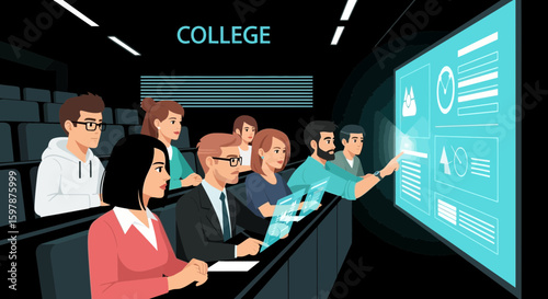 Diverse Students Attend Futuristic College Lecture Hall With Interactive Display
