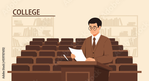 Lecturer Speaks At College Auditorium Preparing For Lecture Illustration