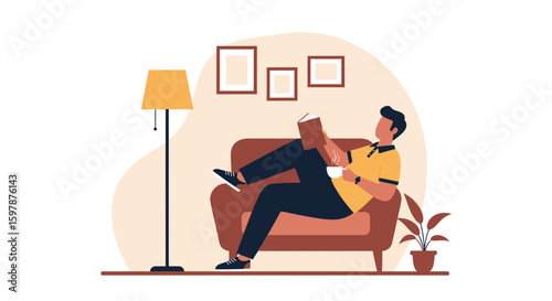 Leisurely Afternoon At Home A Man Relaxes With Book And Hot Beverage