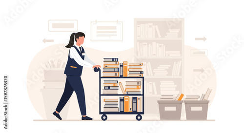 Librarian Moving Books On Cart Shelves With Professional Library Assistance
