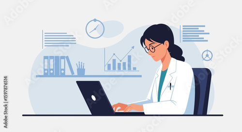 Doctor Analyzes Data On Laptop In Clinic Working On Health Report