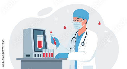 Doctor Analyzing Blood Sample In Laboratory Using Advanced Equipment For Medical Research