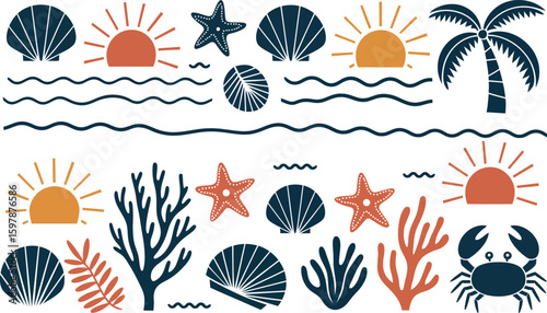 Whimsical hand drawn beach and ocean life collection featuring seashells starfish palm trees and sunsets