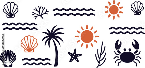 Collection of charming hand drawn beach and ocean elements including shells waves sun crab palm tree and starfish