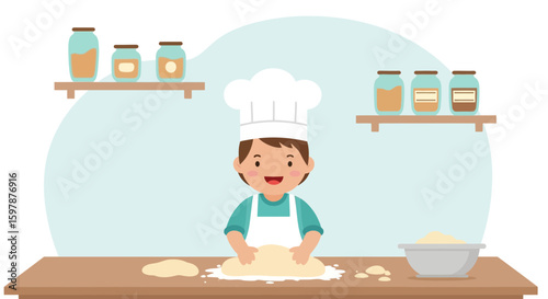 Little Chef Prepares Dough In A Cute Kitchen Illustration Scene Vector Design