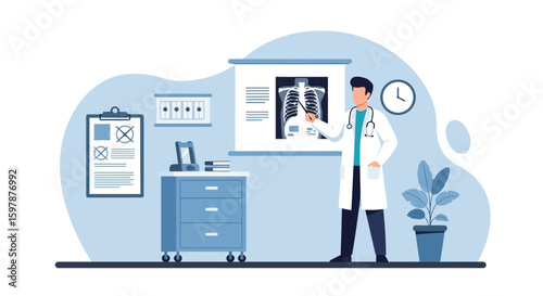 Doctor Analyzing X-Ray In Clinic Health Illustration And Medical Examination Concept