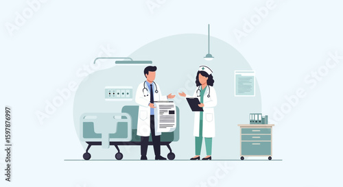 Doctor And Nurse Discussing Medical Report In A Hospital Setting Clinic Concept