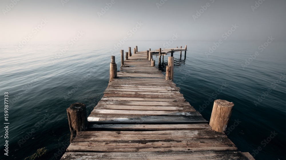 Fototapeta premium Wooden pier on a calm lake at dawn
