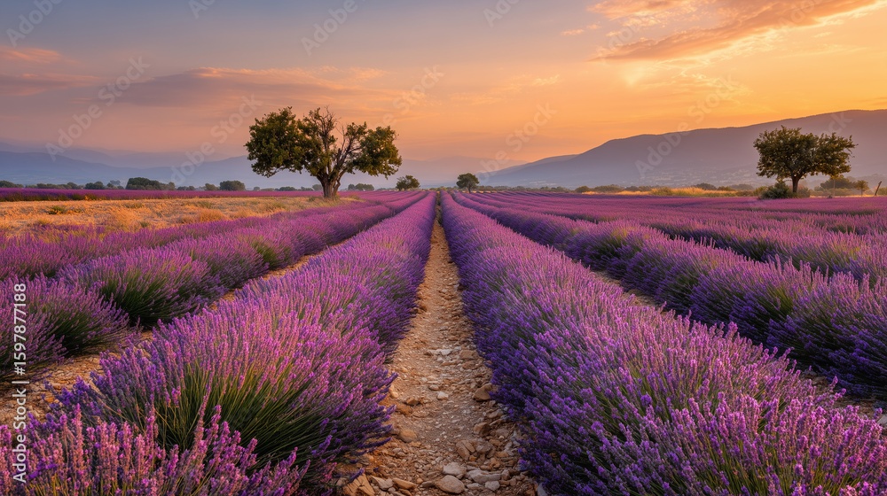 Obraz premium Lavender Field at Sunset Blooming with Purple Flowers in Provence