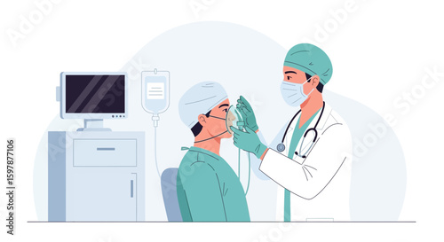 Doctor Applying Oxygen Mask To Patient In Hospital Operating Room Scene