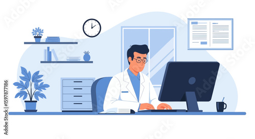 Doctor At Desk Working On Computer In Office During Day Consultation