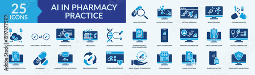 AI in pharmacy practice icon collection set with drug discovery, virtual screening, predictive modeling, pharmaceutical education, smart pill bottle
