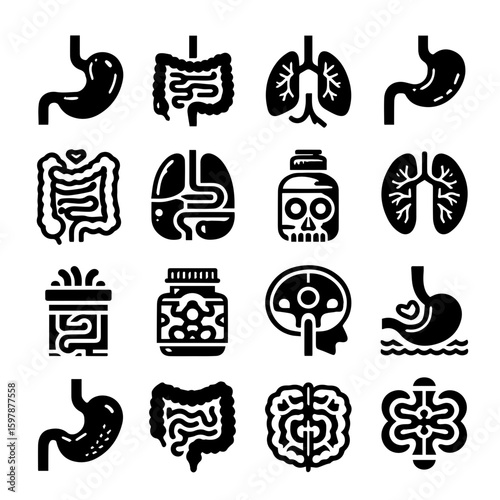 Collection of human organs and medical icons in black silhouette style on a white background design set